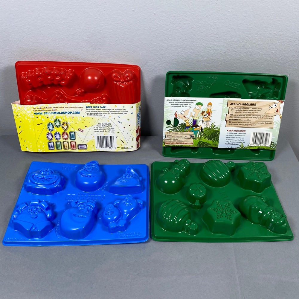 Jell-O Jiggler Molds Lot of 4 Birthday Phineas Ferb Monsters Univ Christmas‎